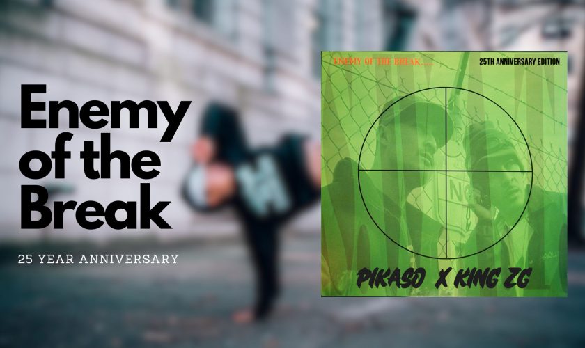 Blog cover art featuring cover art for the re-release of the classic bboy-inspired album "Enemy of the break" by Pikaso and King ZG (formerly P-Kid and Zulu Gremlin).