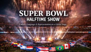 Super Bowl Halftime Show cultural impact visual featuring flags of the Americas surrounding the stadium stage
