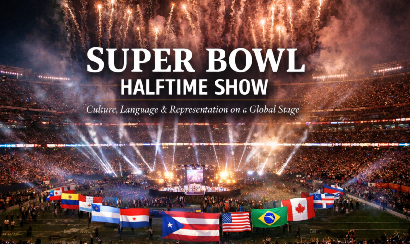Super Bowl Halftime Show cultural impact visual featuring flags of the Americas surrounding the stadium stage
